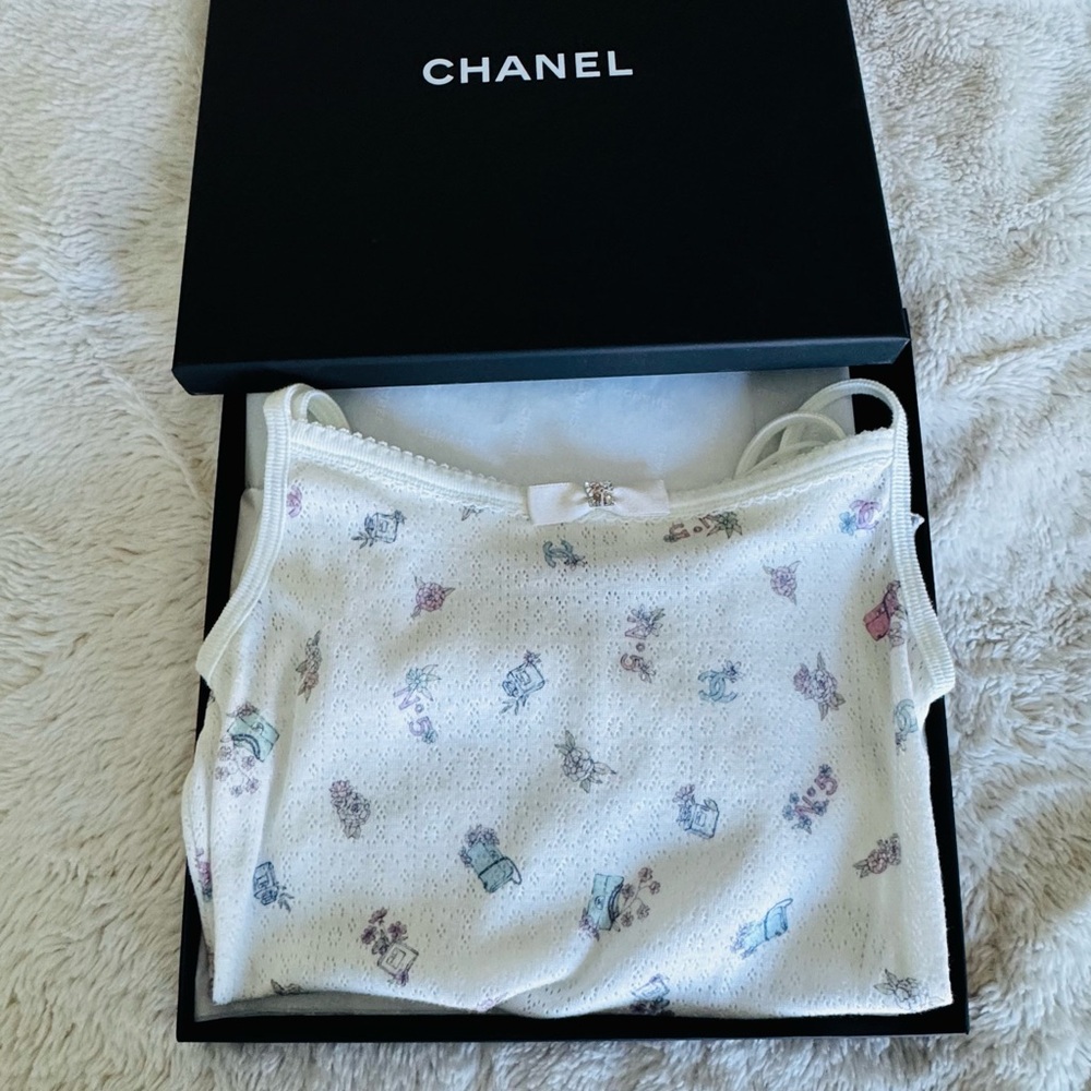 CHANEL 2024 White Floral CC Logo Camisole with Bow Detail